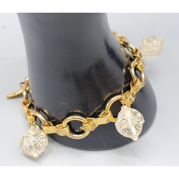 SOHO Designs Carved Lucite Dangling Ball Bracelet Gold Tone Links Vintage 7" - Picture 1 of 8